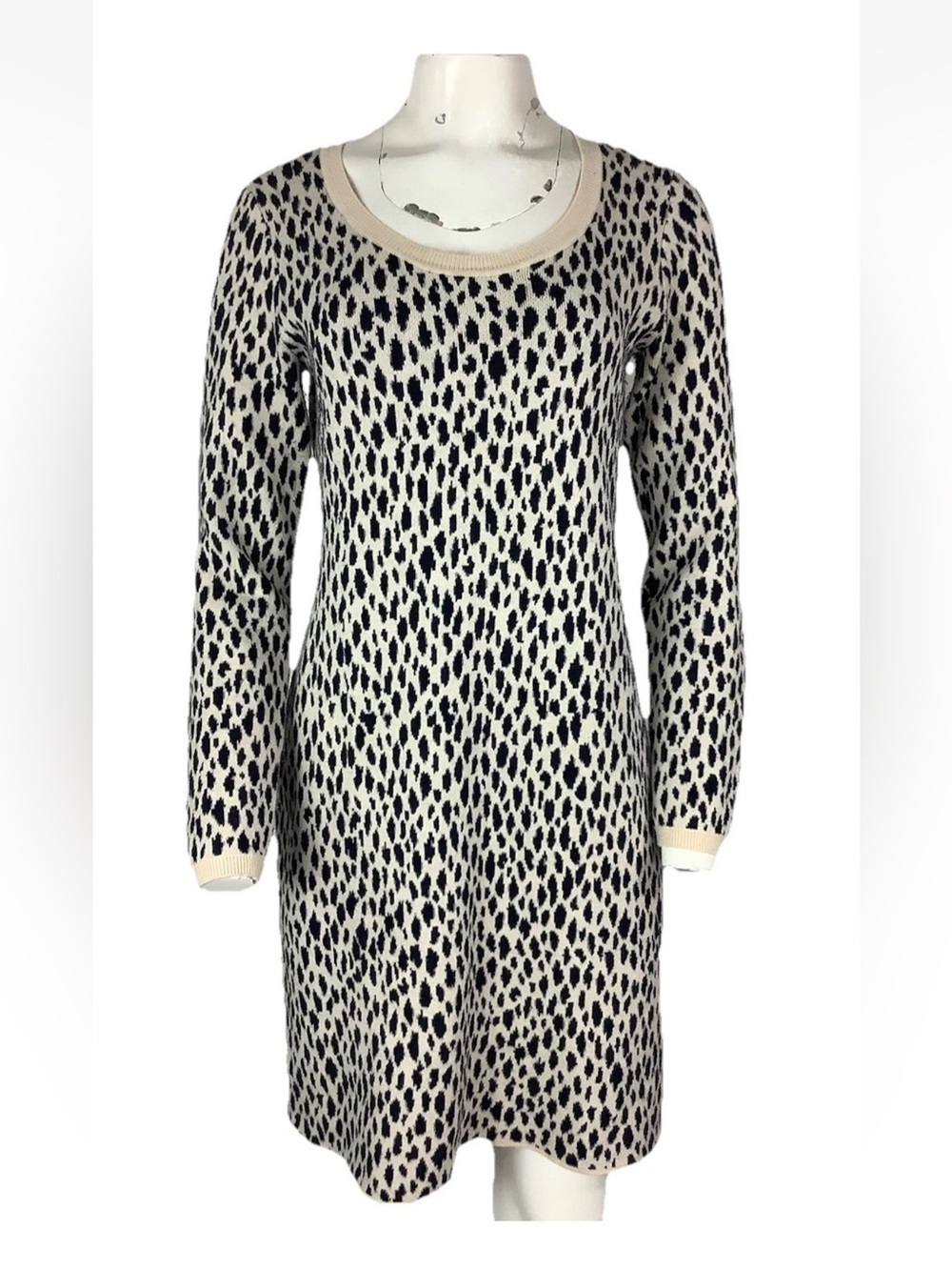 Ann Taylor Sz M Animal Print Long Sleeve Pullover Sweater Dress Cream Blue